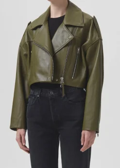 AGOLDE Shoreditch Ski Club X Remi Leather Biker Jacket In Grass Shop
